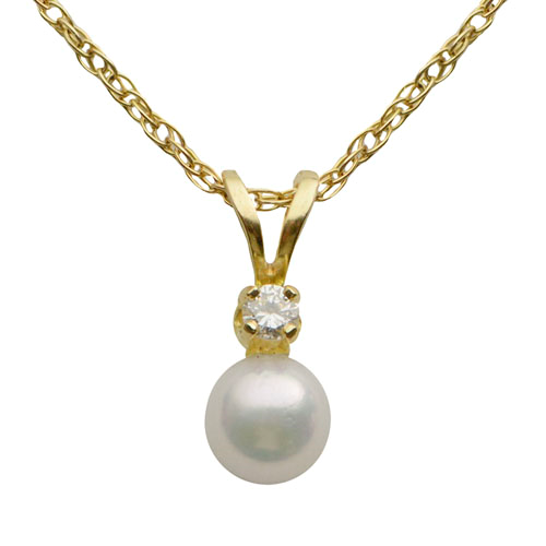 14 KT Freshwater Pearl & Diamond Pendant (Select Quality, Size, & Gold Color)
